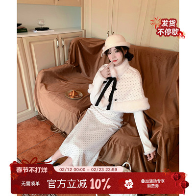 【直播间专属】织物猪 都市甜心 千金风波点连衣裙miu系斗篷长裙