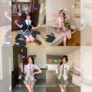 短袖 织物猪 女夏季 韩系学院风jk套装 上衣格纹短裙两件套 薄荷汽水