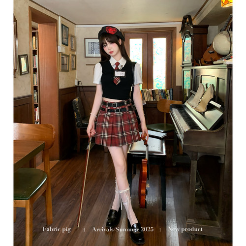 复古学院风假两件短袖衬衫套装女