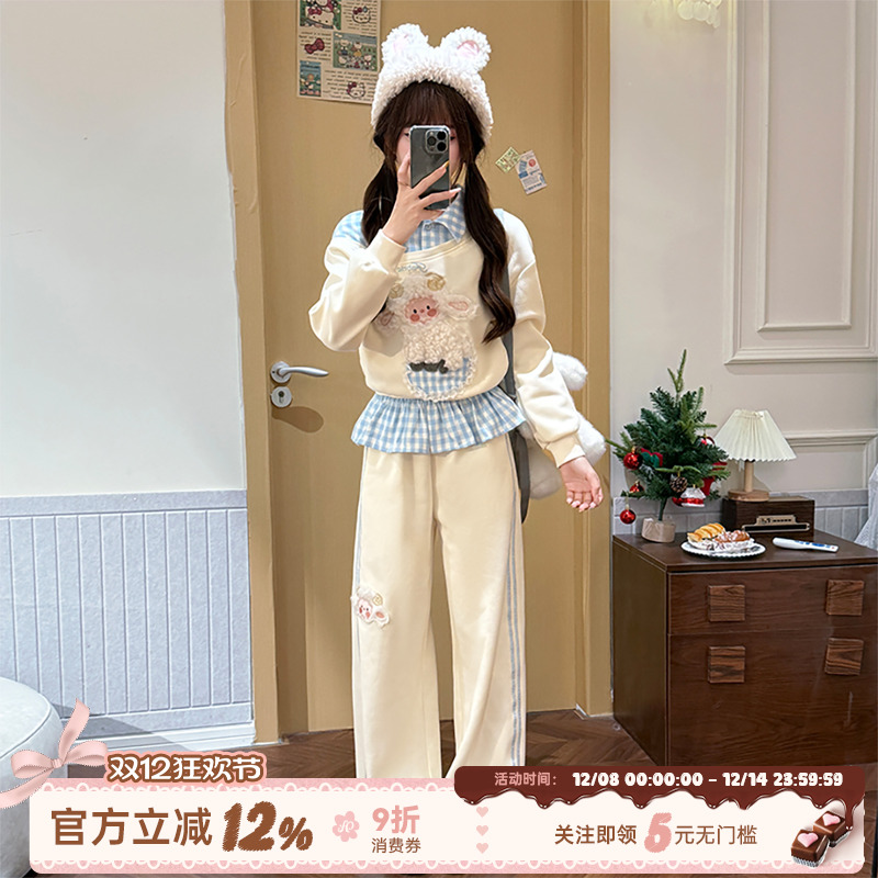 甜美假两件假加绒长袖卫衣女