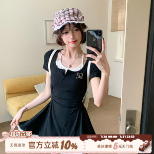 织物猪 黑白撞色收腰短裙 夏日序约 甜美少女感假两件连衣裙女夏季