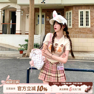 显瘦格子短裙两件套 织物猪 杏雨梨花 甜美风小熊印花T恤套装 夏季