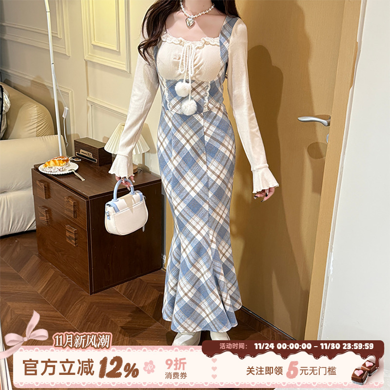 假两件针针织鱼尾连衣裙