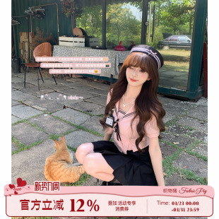 粉色水手领上衣黑色半裙两件套学院风jk制服套装 织物猪 甜心少女