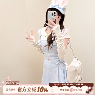织物猪 花花小个子短裙 汽水女孩 甜美少女风蓝色背带连衣裙女夏季