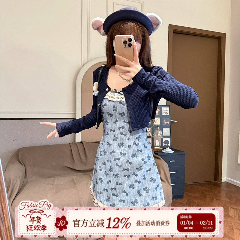 织物猪 雾蓝蝶梦 甜美风拼接吊带连衣裙女初秋蝴蝶结印花短裙子,女装/女士精品,连衣裙,淘宝优惠券,粉丝福利购,淘宝优惠卷