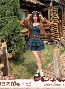 织物猪 西西里女孩 废土牛仔吊带连衣裙女初秋甜辣风短裙出游套装