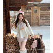 粉杏色翻领外套女秋冬毛呢套装 织物猪 奶盐小兔 格子半身裙两件套