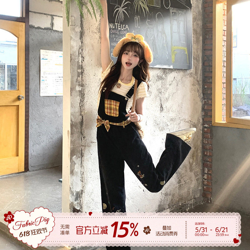 织物猪 黄油拿铁 甜酷风黑色刺绣牛仔背带裤女原创直筒减龄长裤子