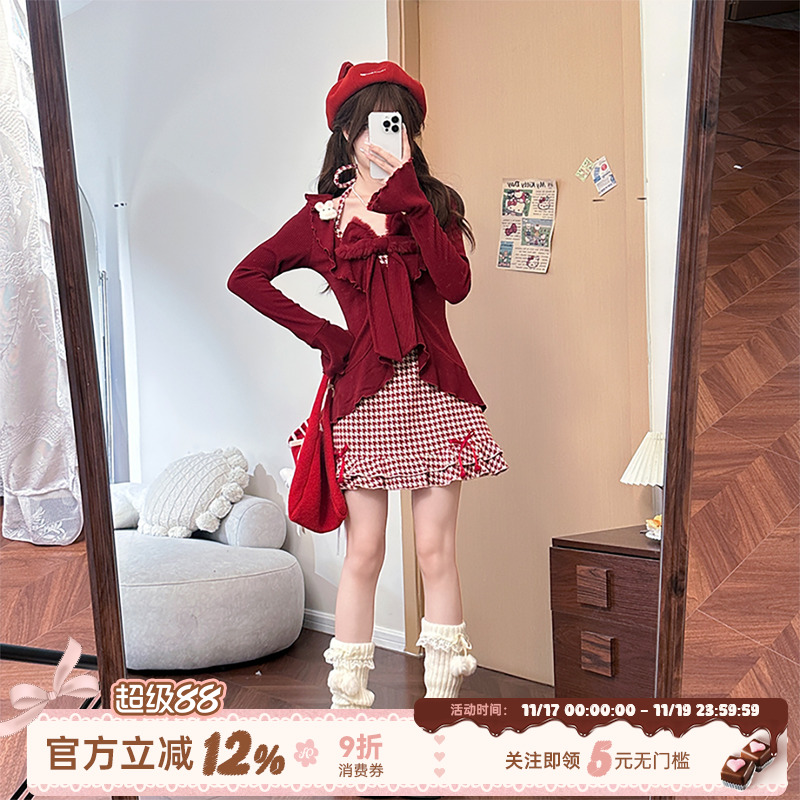 甜美风红色千鸟格挂脖连衣裙女