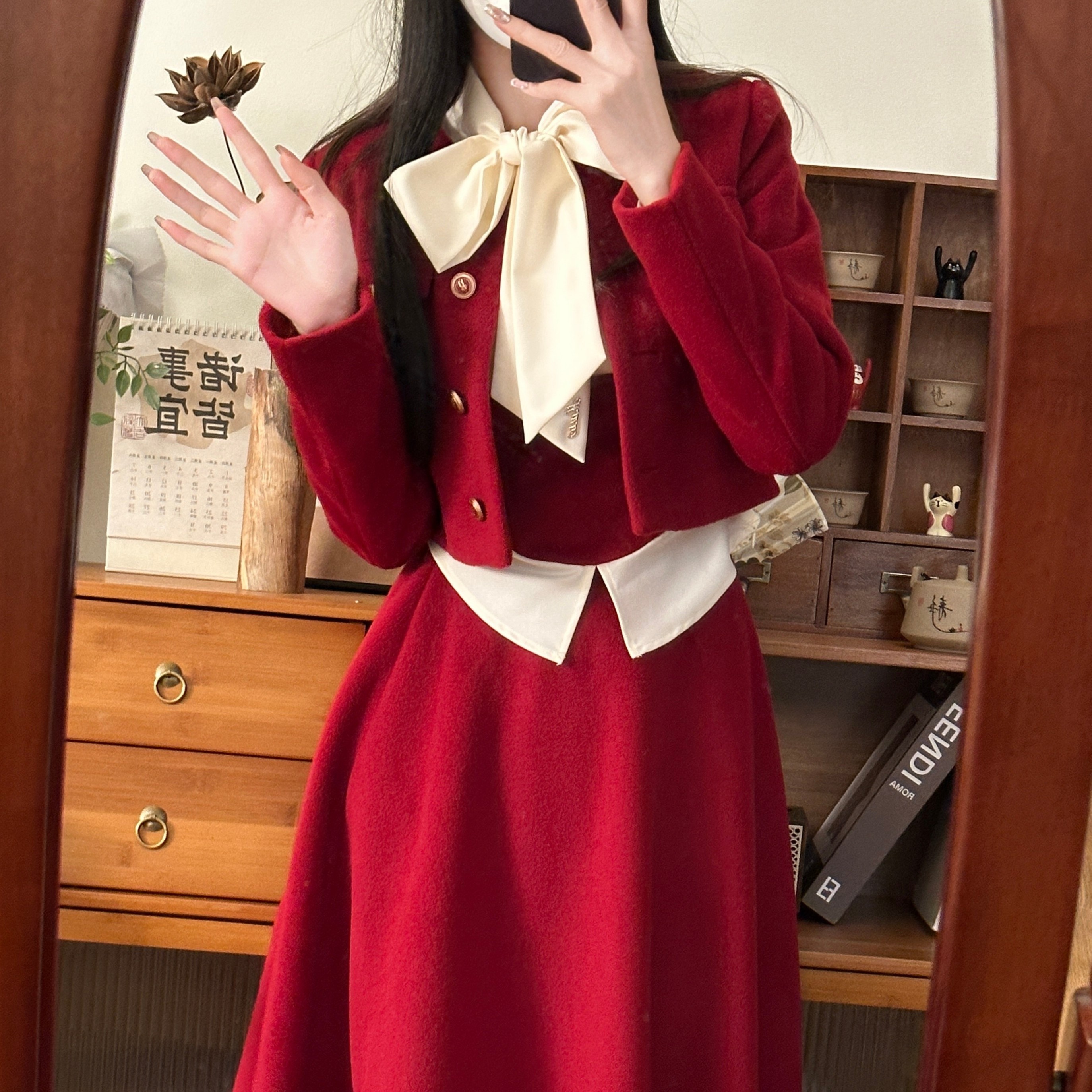 玫瑰物语 织物猪原创 红色学院风节日氛围感秋冬收腰显瘦JK制服