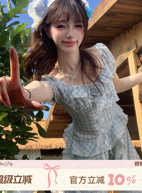织物猪 蝴蝶絮语 小清新蓝色格纹半袖连衣裙女夏绝美度假拖尾裙