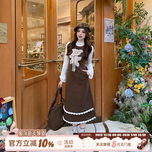 连衣裙女秋冬小熊千金感miu系长裙子 假两件长袖 织物猪 枫糖撞奶