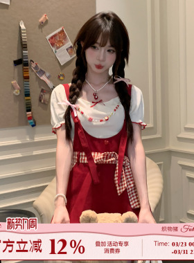 织物猪 红莓杏语 甜美少女风红色连体裤女夏可爱减龄背带裤短裤子