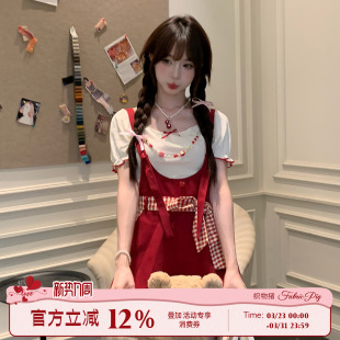 短裤 织物猪 女夏可爱减龄背带裤 甜美少女风红色连体裤 子 红莓杏语