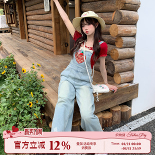 女夏爱心贴布减龄连体阔腿长裤 甜酷风牛仔背带裤 夏日甜莓 织物猪