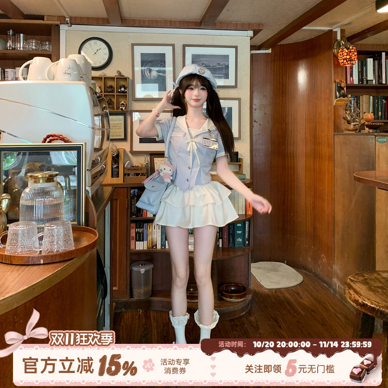 织物猪 甜心少女 甜美少女蛋糕裙女夏季jk制服套装海军领衬衫上衣