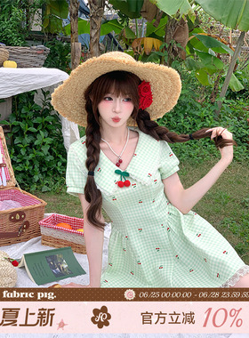 织物猪 薄荷青柠 甜美风绿色格子连衣裙女夏樱桃印花野餐度假短裙