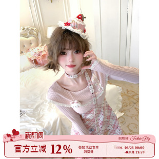 格纹短裙子 甜美风拼接波点连衣裙女早春针织长袖 织物猪 粉莓奶糖