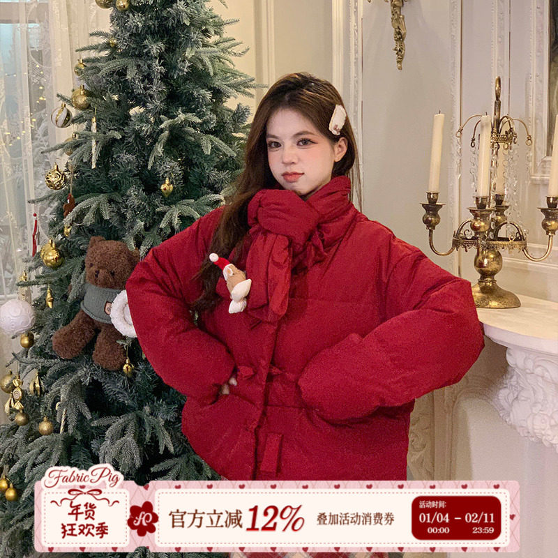 织物猪 樱桃软糖 新年红色面包棉服女冬季小个子圣诞穿搭轻薄外套