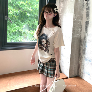 织物猪 慵懒学院风百褶短裙套装 夏季 女印花上衣两件套 小熊巧冰