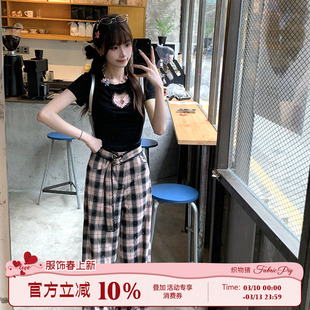 织物猪 黑桃甜心 黑粉色烫钻休闲格子裤女夏垂感宽松直筒长裤子