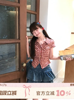 织物猪 红格莓果 学院风红色格纹短袖衬衫女夏小个子复古少女上衣