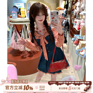 可爱减龄短裙子 甜美风红色格子连衣裙女秋泡泡袖 织物猪 树莓果酱