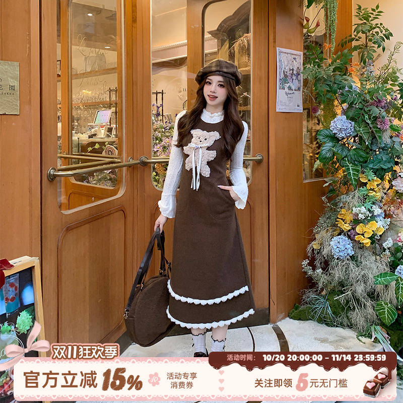 织物猪 枫糖撞奶 假两件长袖连衣裙女秋冬小熊千金感miu系长裙子
