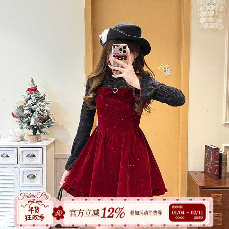 织物猪 心动情书 新年氛围感红色丝绒连衣裙女秋冬烫钻假两件短裙,女装/女士精品,连衣裙,淘宝优惠券,粉丝福利购,淘宝优惠卷