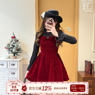 新年氛围红色丝绒连衣裙女秋冬