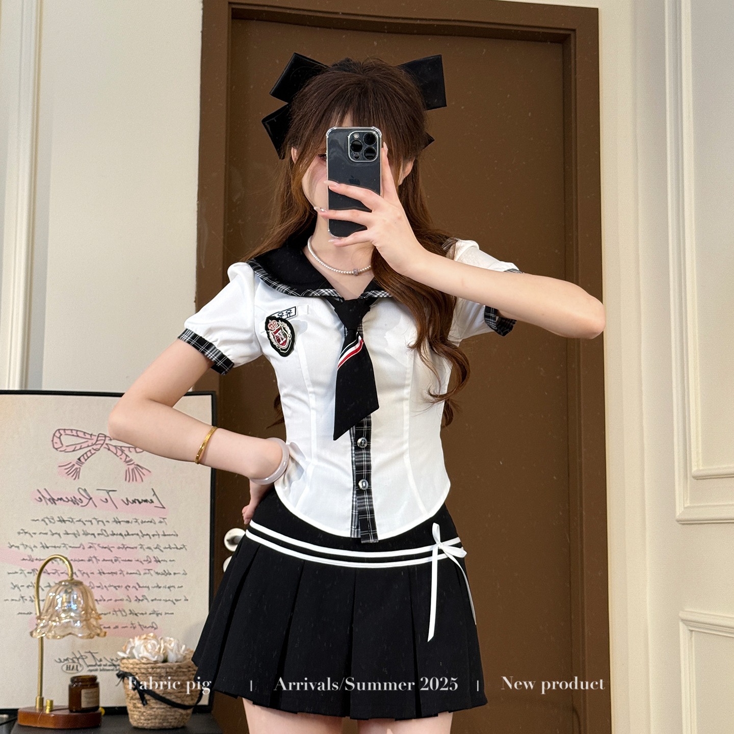 织物猪 斯图尔学院 海军领jk制服衬衫套装女a字百褶短裙子两件套