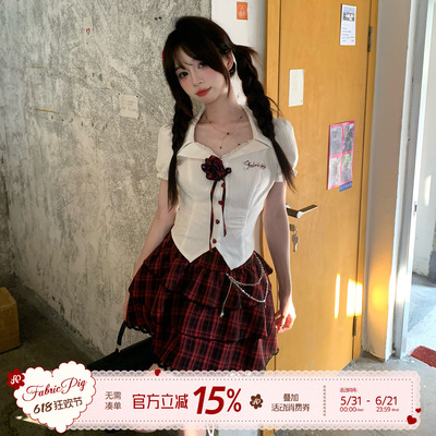 织物猪 玫瑰见习 甜酷辣妹风泡泡袖衬衫上衣女夏格子蓬感短裙子