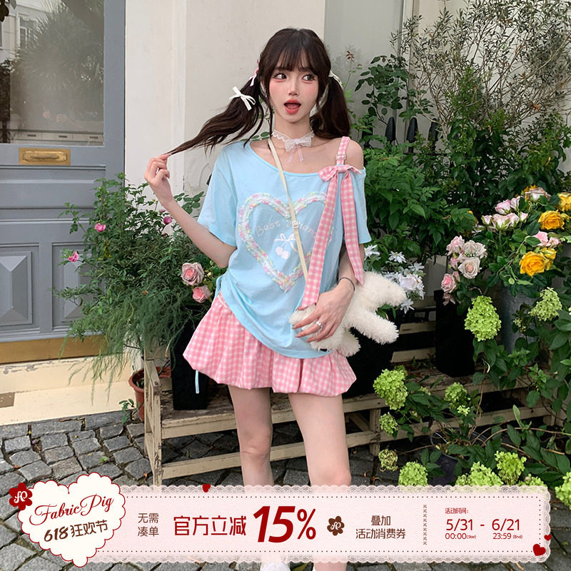 织物猪 莓汽泡泡 夏日多巴胺露肩上衣女宽松爱心绣花设计可爱T恤