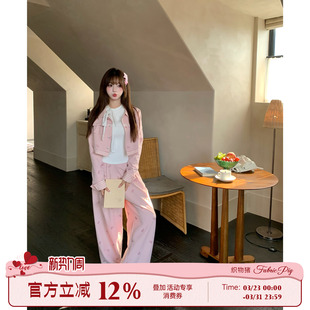 巴黎甜心 外套高腰阔腿长裤 甜美风粉色休闲套装 短款 女春季 织物猪