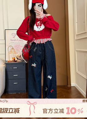 织物猪 草莓小狗 甜美风拼接假两件卫衣女早春红色可爱露肩长袖