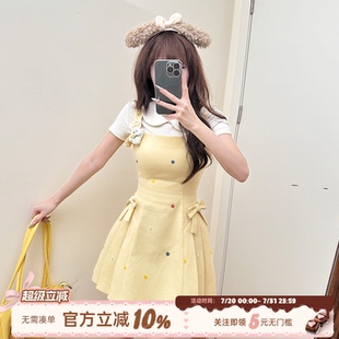 织物猪 花花小个子短裙 汽水女孩 甜美少女风黄色背带连衣裙女夏季