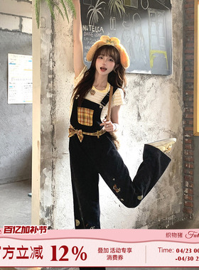织物猪 黄油拿铁 甜酷风黑色刺绣牛仔背带裤女原创直筒减龄长裤子