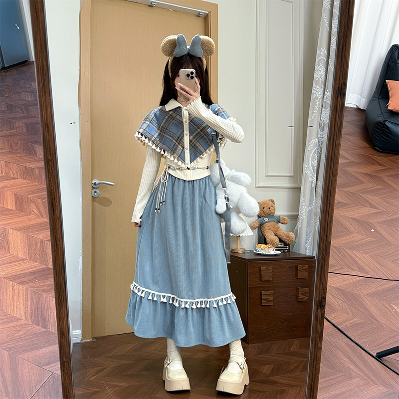 千金风套装假两件斗篷上衣长裙