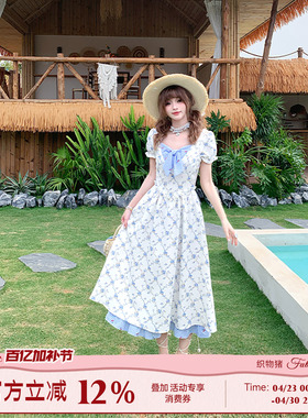 织物猪 甜草奶酪 田园度假风蓝色短袖碎花连衣裙女夏格纹拼接长裙