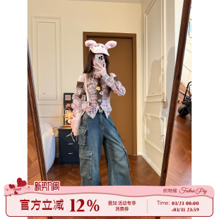 上衣套装 甜酷风露肩格子衬衫 女早春高腰a字短裙 小熊咖啡 织物猪