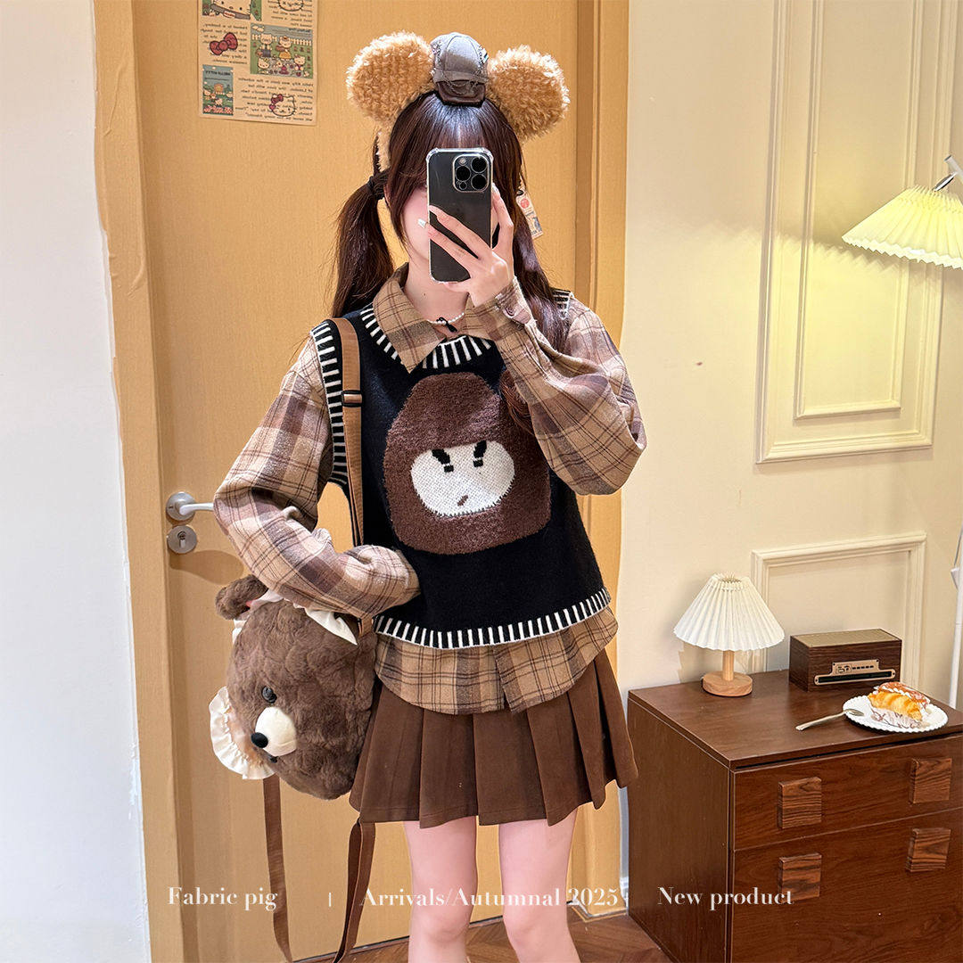 织物猪 松果曲奇 学院风针织马甲衬衫套装女秋冬鹿皮绒百褶短裙子
