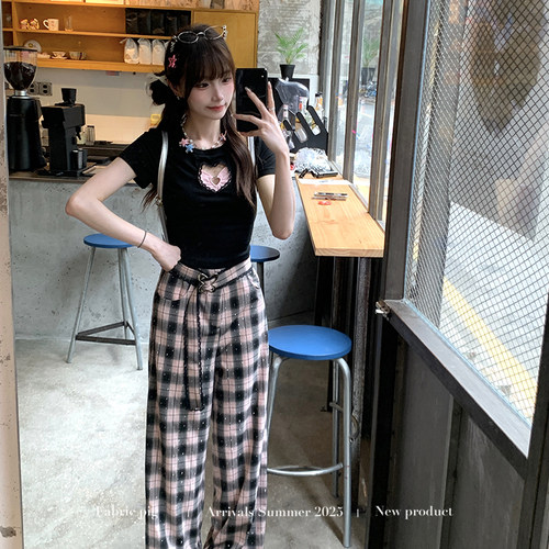 织物猪 黑桃甜心 黑粉色烫钻休闲格子裤女夏垂感宽松直筒长裤子