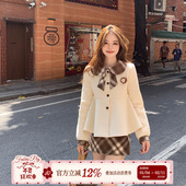 织物猪 松栗糖心 千金感娃娃领杏色外套上衣女秋冬格纹半裙两件套