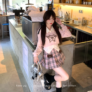 织物猪 学院风粉色印花卫衣外套白色衬衫 套装 女格子短裙 粉糖校章