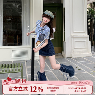 桃汽少女 显瘦短袖 学院风蓝色格子衬衫 可爱修身 上衣 女夏季 织物猪