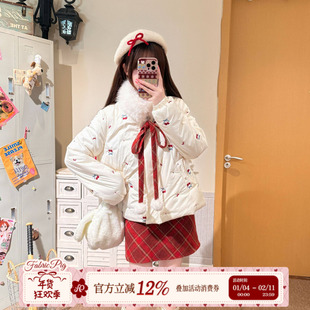 织物猪 樱桃酪酪 甜美风白色毛领棉服女冬季新年氛围短款棉衣外套