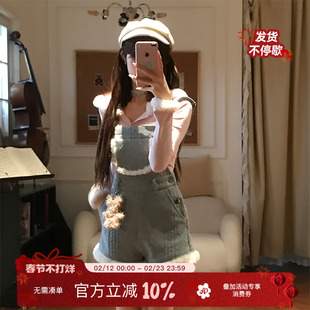 织物猪 蓝绒奶糖 设计感休闲蓝色背带裤女秋冬减龄毛边连体短裤子