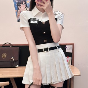 富家千金 织物猪原创束腰百褶裙jk制服 黑白色美式 收腰POLO衫
