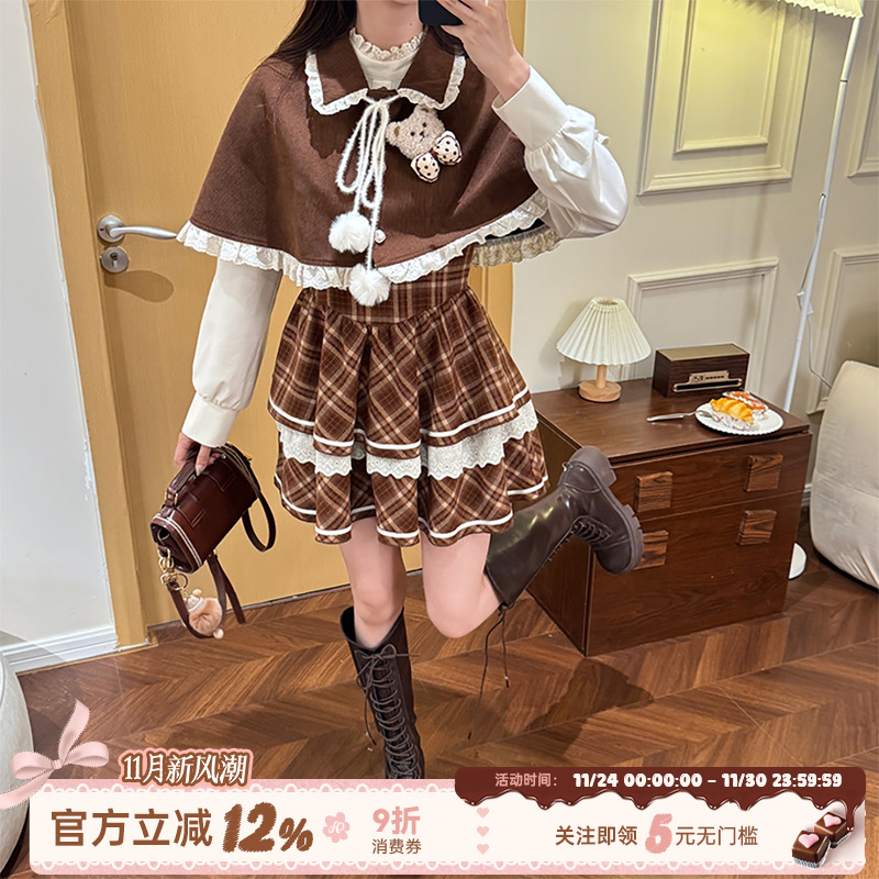 复古假两件连衣裙女掐腰蓬蓬裙子